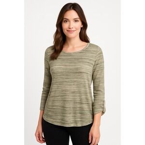 New World Women's L Green Striped Long Sleeve Top Ruched Sleeve Casual Soft Knit